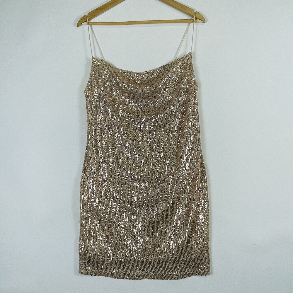 Dee Elly Champagne‎ Beige Sequin Sleeveless Lined Dress Womens Sz Medium